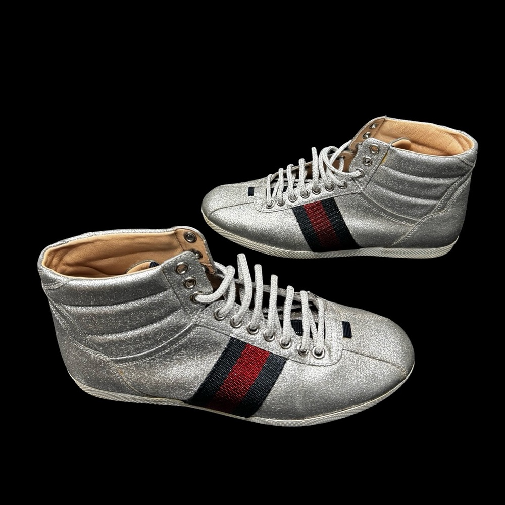 Gucci Bambi Silver Glitter High Top Sneakers EU38 Web Stripe Italy Luxury
